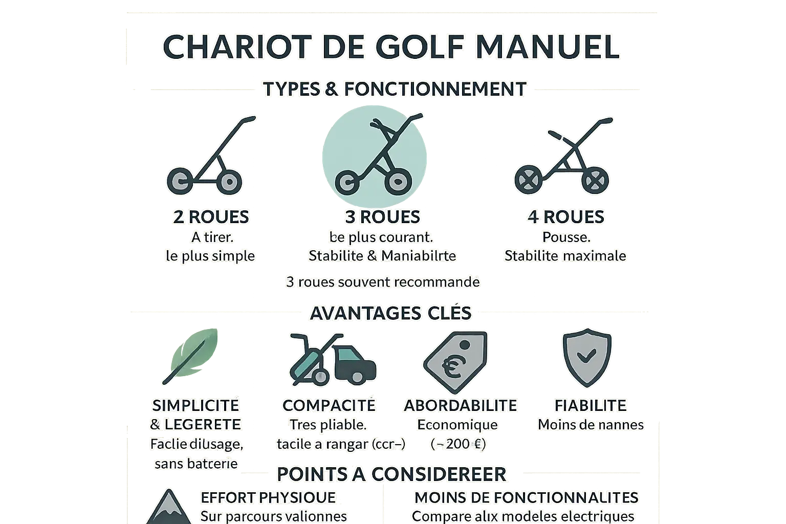 Illustration d'un chariot de golf manuel sur un parcours