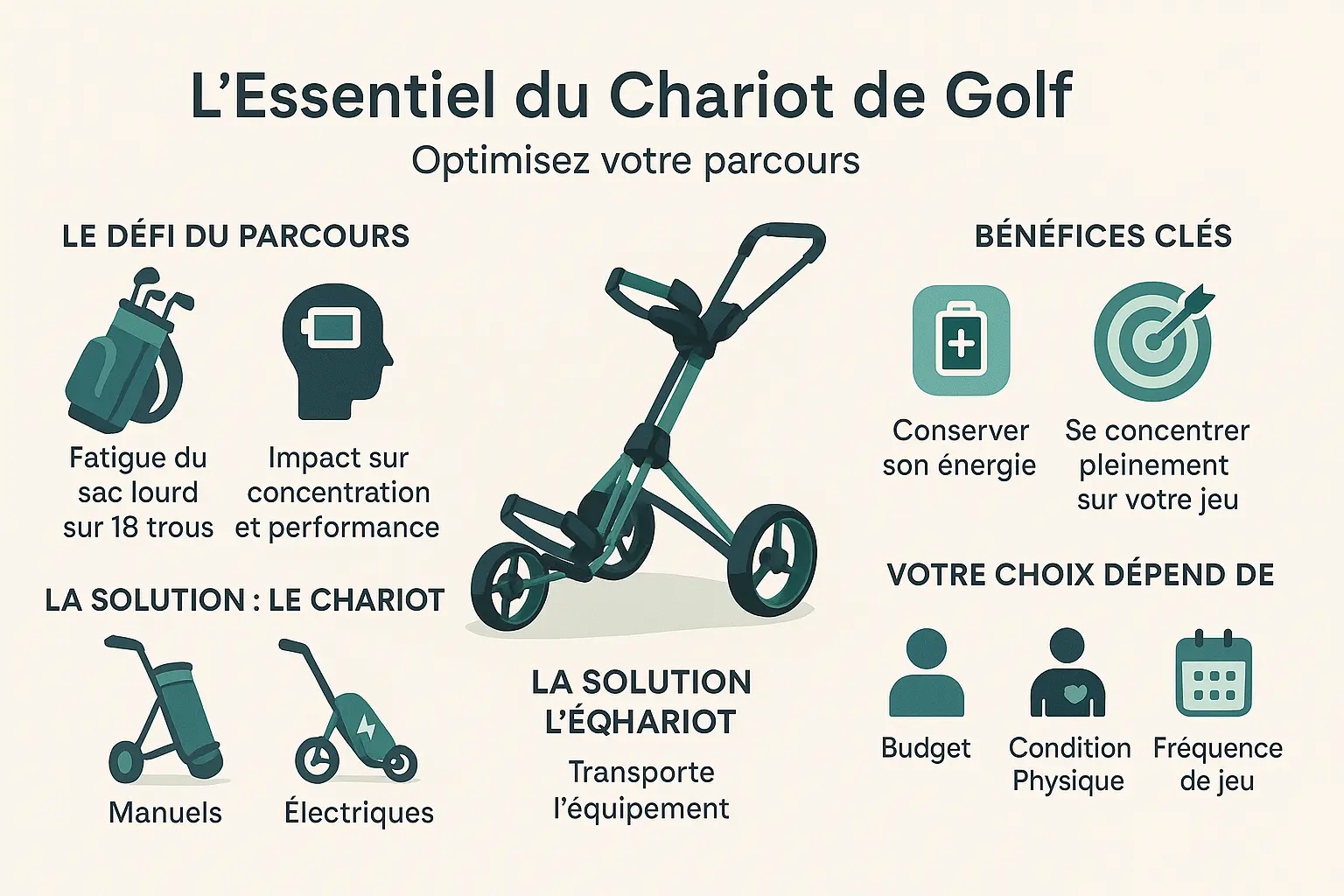 Illustration des chariots de golf manuel et électrique sur un parcours