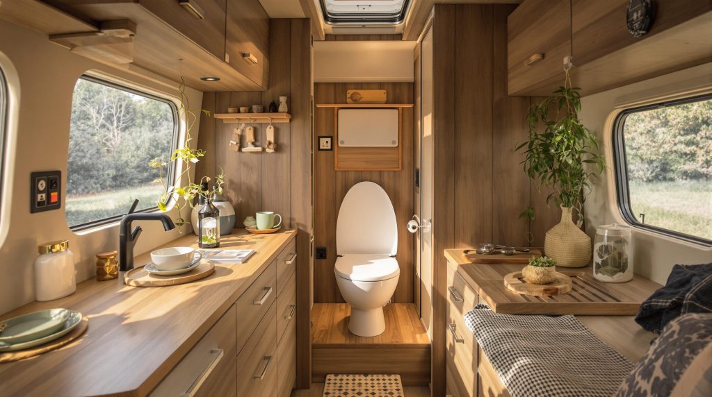 Interior of a modern camper van with toilet and kitchen