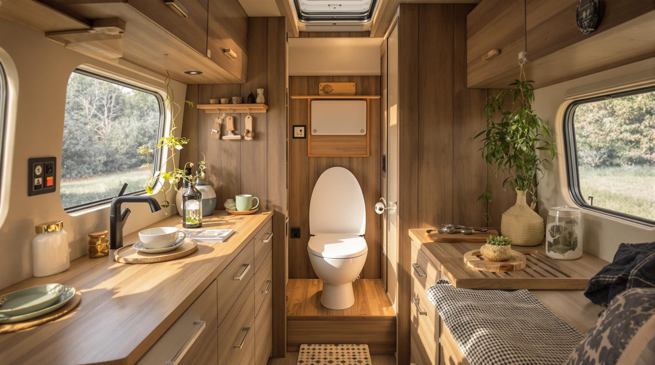 Interior of a modern camper van with toilet and kitchen