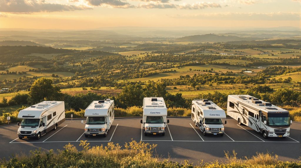 Line of RVs parked with scenic landscape backdrop.