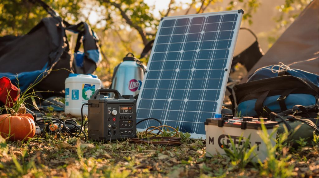 Camping setup with solar panel and power station.
