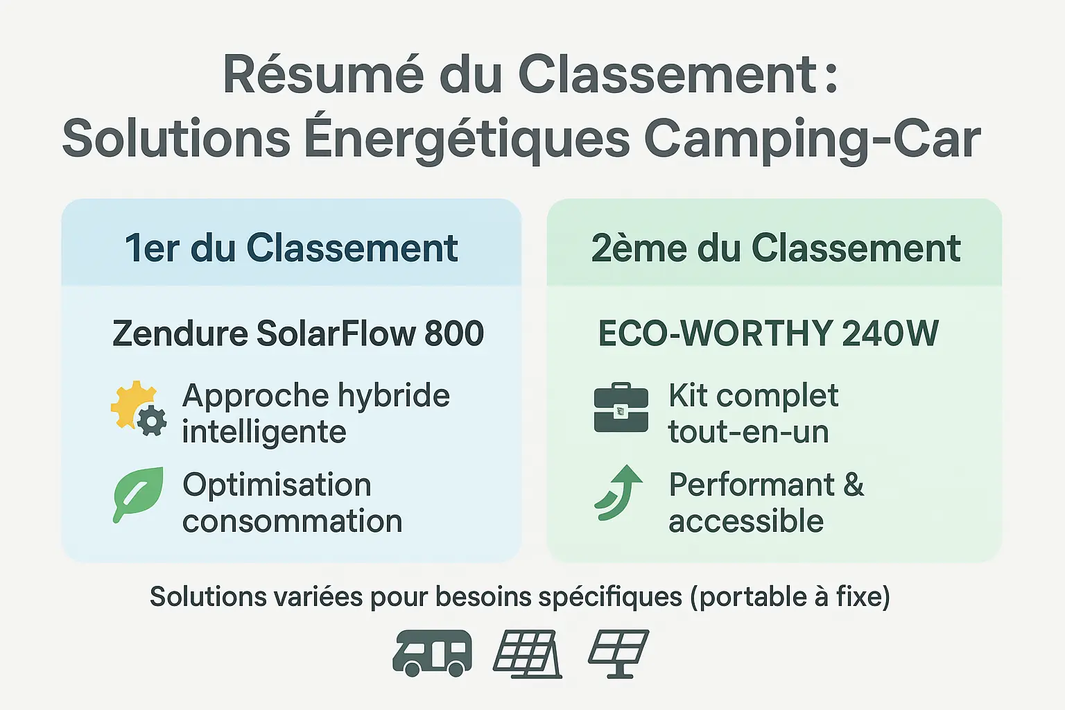 Illustration des <strong>solutions énergétiques pour camping-car</strong> » /></p>
<p>Pour les amateurs de liberté nomade, le Zendure SolarFlow 800 se démarque par son <strong>système hybride intelligent</strong>. Ce micro-onduleur optimise la production énergétique grâce à une technologie MPPT, garantissant un rendement accru de 20 %. Idéal pour les longs séjours en autonomie, il intègre un stockage intelligent et une gestion précise de l’énergie via une application dédiée. Un choix audacieux pour ceux qui visent performance et économie.</p>
<p>Suivant de près, le ECO-WORTHY 240W propose une solution tout-en-un. Son avantage ? Un <strong>kit complet et accessible</strong>, parfait pour débuter sans se perdre dans les composants. Panneaux rigides, régulateur MPPT et accessoires inclus : tout est pensé pour une installation rapide. Moins onéreux, il convient aux usages modérés en plein air. Chaque produit de ce classement répond à des besoins spécifiques, entre portabilité, puissance et simplicité d’usage.</p>
<h2 id=