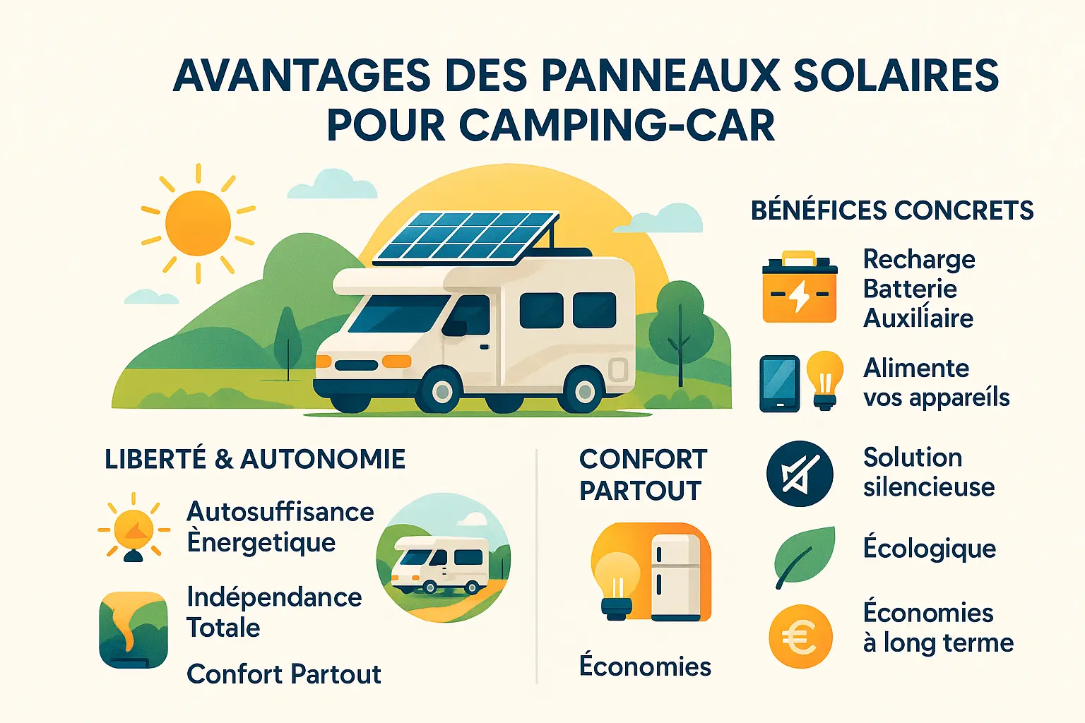 Panneaux solaires sur un camping-car en pleine nature