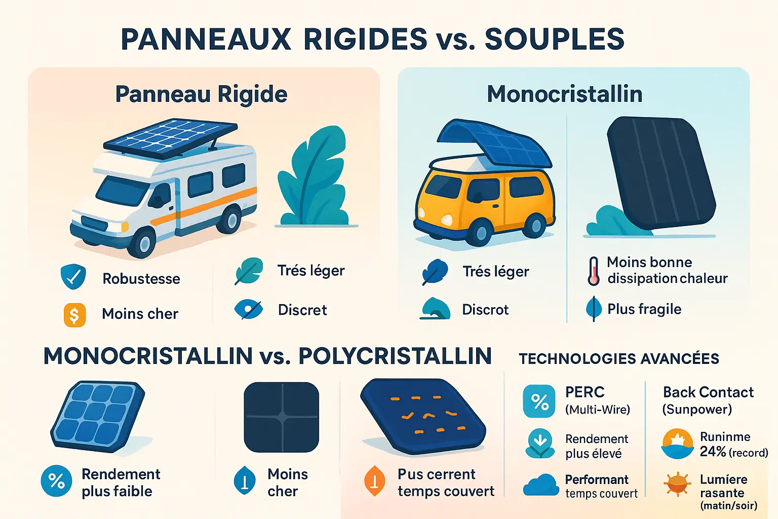 Comparaison panneaux solaires rigides et souples pour camping-car
